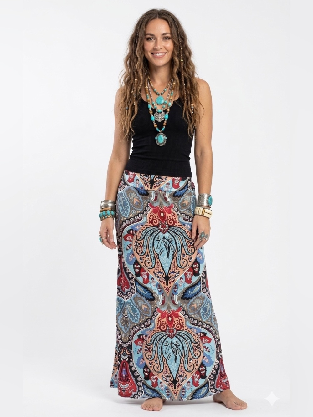 Bohemian Maxi Skirt - Multicolor Paisley Print